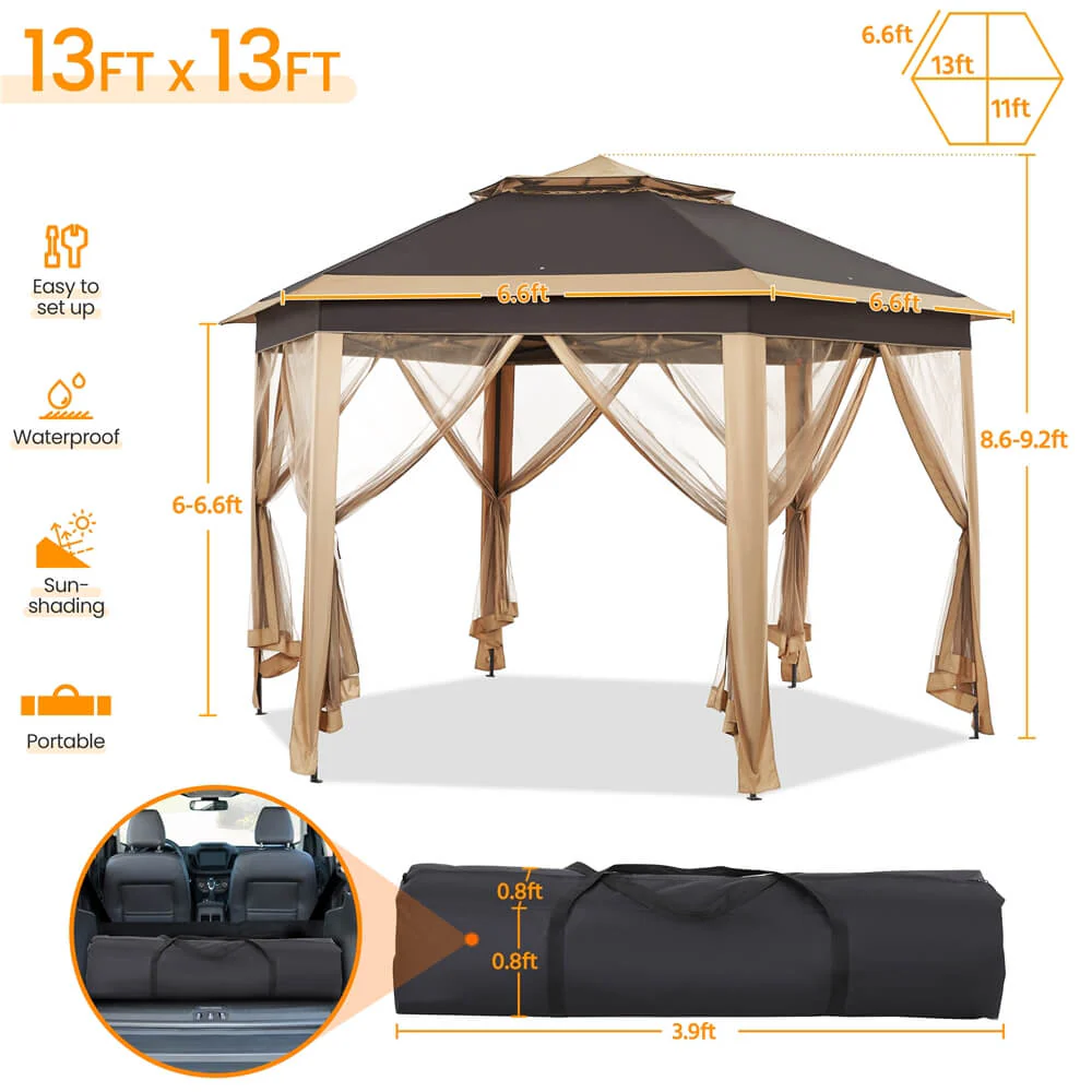 Yaheetech 13’ X 13’ Hexagonal Pop up Gazebo, Khaki/Brown - Image 3