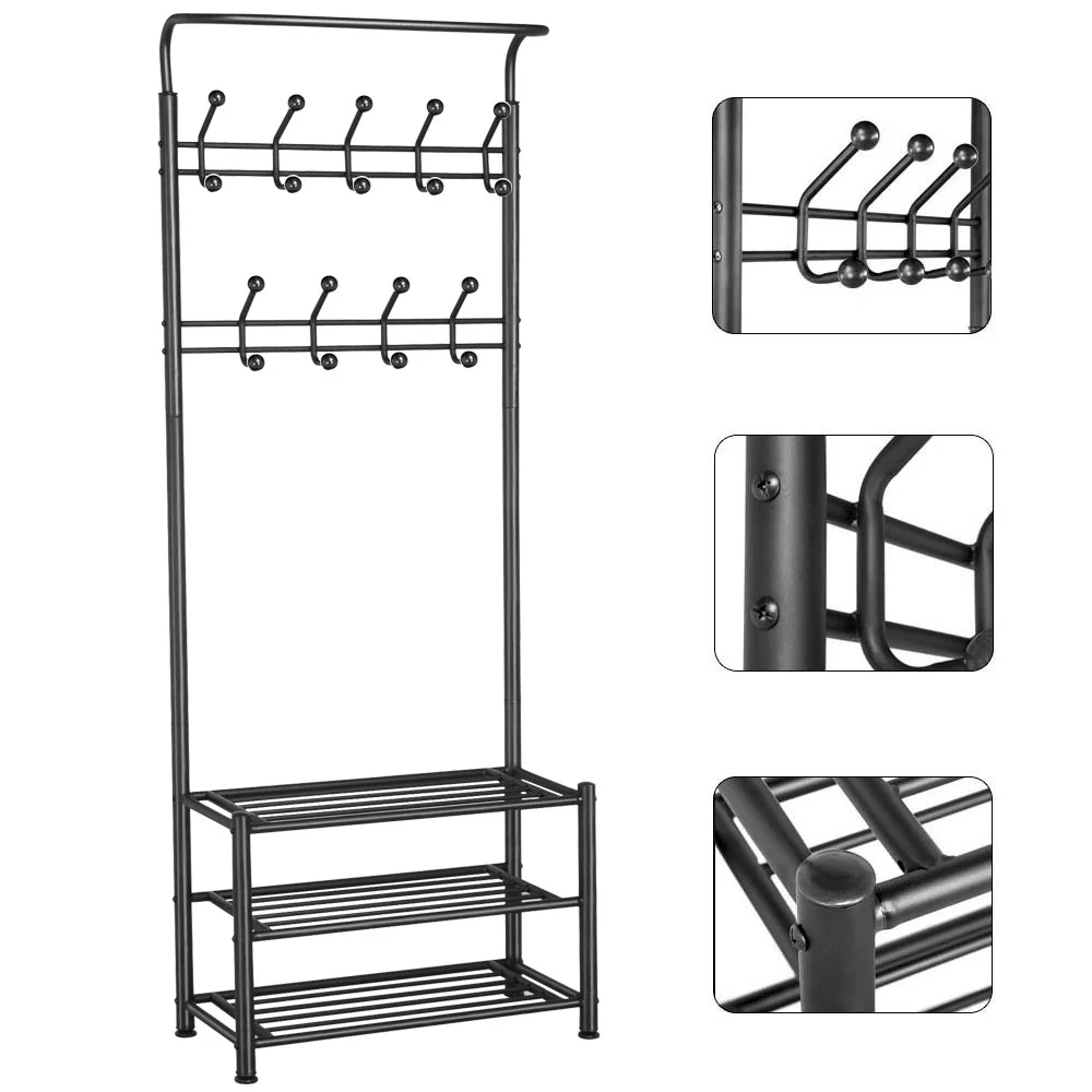 Yaheetech 18 Hooks Coat Rack with 3-Tier Shoe Rack Bench - Image 4