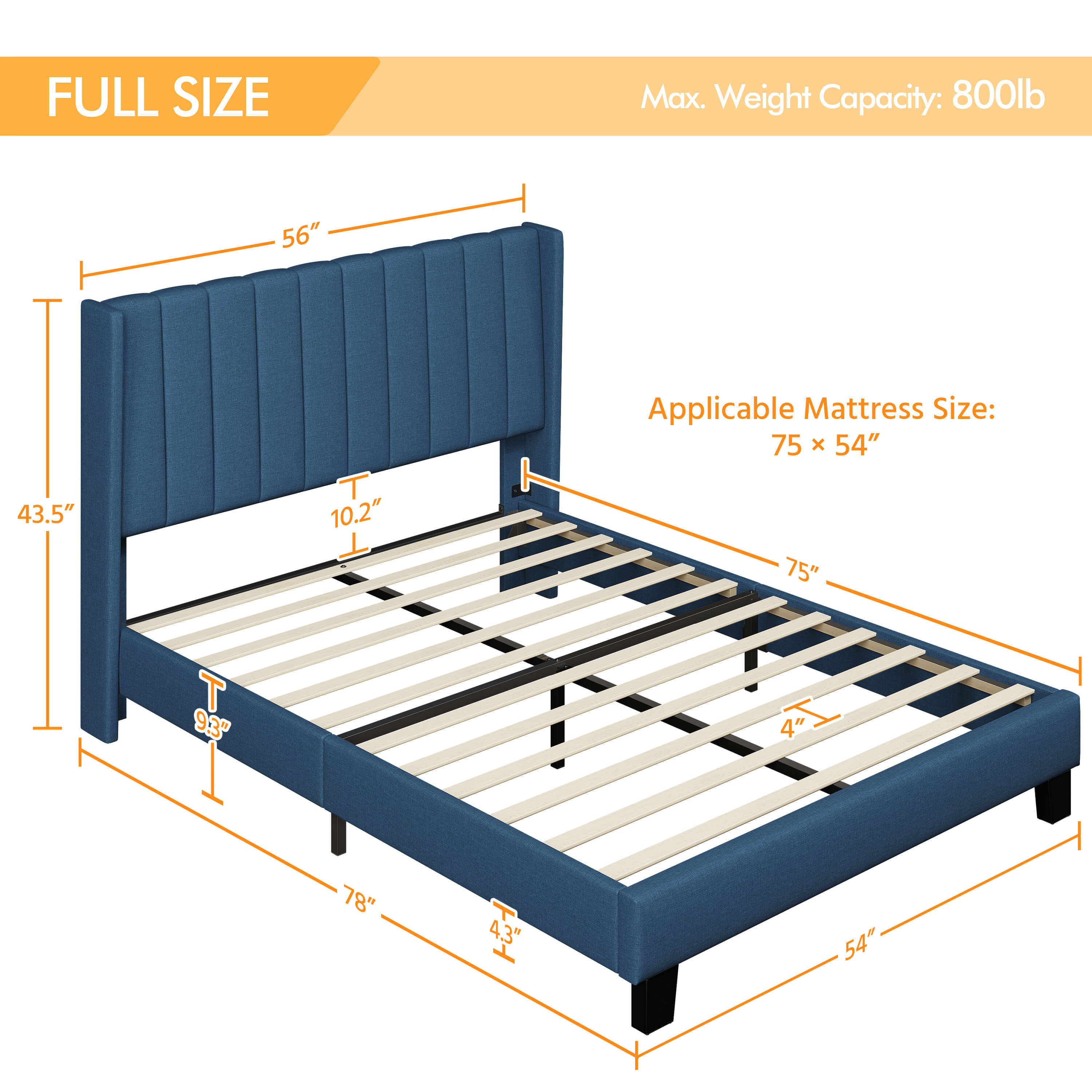 Upholstered Bed Frame with Wing Side, Navy Blue - Image 3