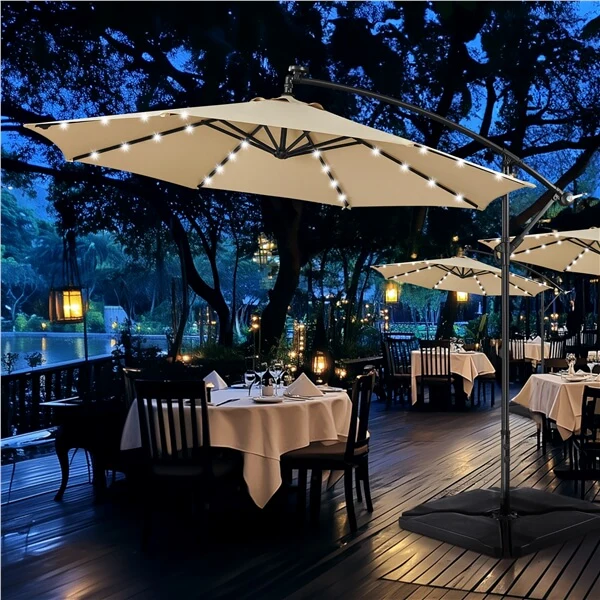 Yaheetech 10FT Solar Offset Umbrella with 32 LED Lights