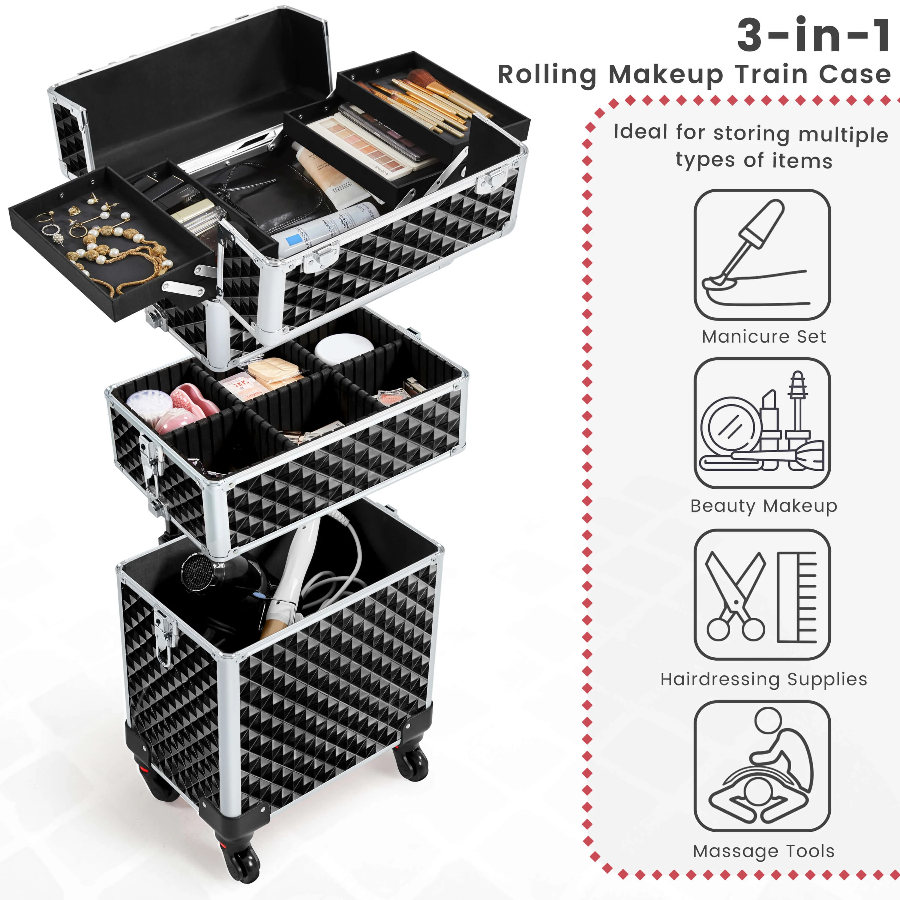 Yaheetech 3-in-1 Rolling Makeup Train Case - Image 7