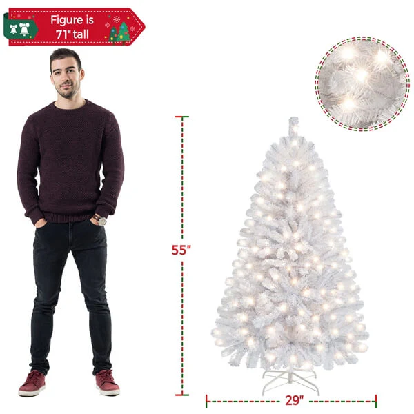 Yaheetech 4.5ft Pre-lit Spruce Artificial Hinged Christmas Pine Tree White - Image 3