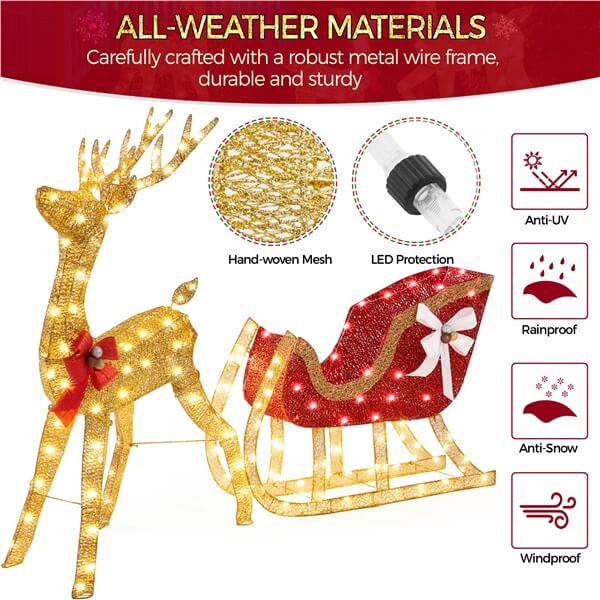 Yaheetech 4ft Lighted Christmas Reindeer & Santa Sleigh Set - Image 5
