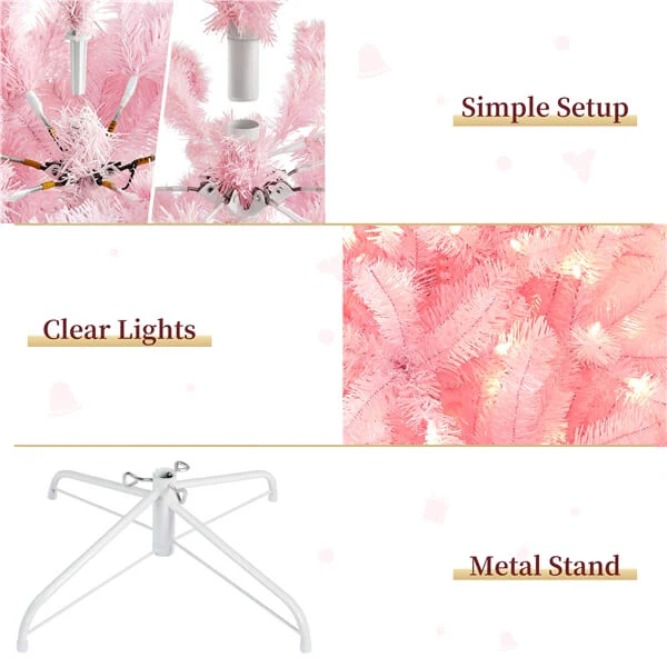 Yaheetech 6ft Pre-lit Artificial Hinged Christmas Tree Pink - Image 6