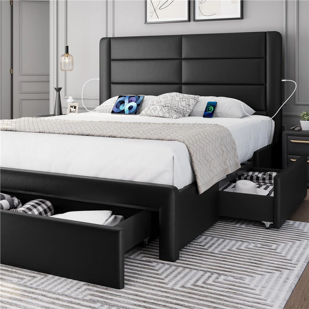 Yaheetech Leather Upholstered Platform Bed with Headboard - Image 12