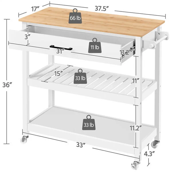 Yaheetech Kitchen Island Cart on Wheels with Bamboo Tabletop - Image 3
