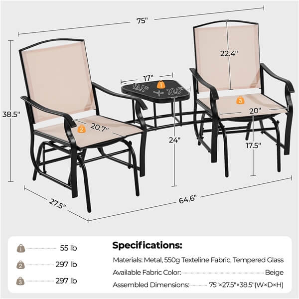 Yaheetech Outdoor Glider Chairs with Glass Table Rocking Chairs - Image 3