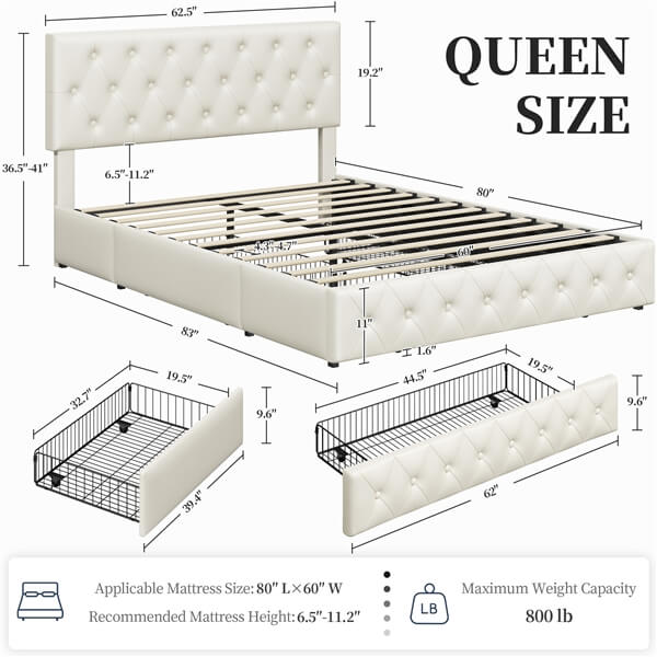 Yaheetech Upholstered Bed Frame with Adjustable Headboard and Three Drawers Storage - Image 7