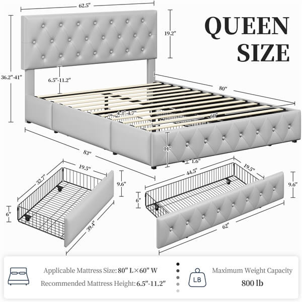 Yaheetech Upholstered Bed Frame with Adjustable Headboard and Three Drawers Storage - Image 9